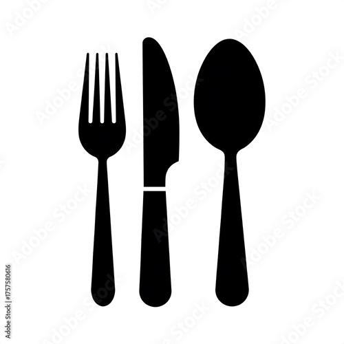 Silhouette of three common eating utensils. The fork, knife, and spoon are all positioned vertically on a white background. They are solid black shapes