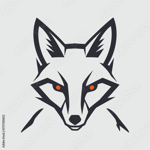 Stylized fox head with sharp lines, orange eyes, and a minimalist design against a light gray background.