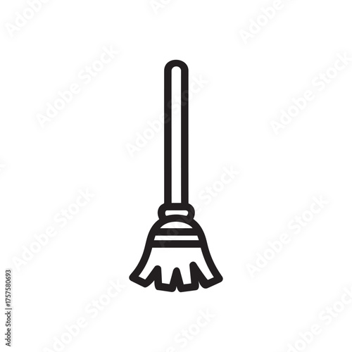 Simple black outline of a broom isolated on white background, representing cleaning and tidiness