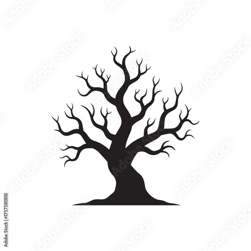 Silhouette of a bare, gnarled tree with intricate branches against a white background, evoking autumn or winter