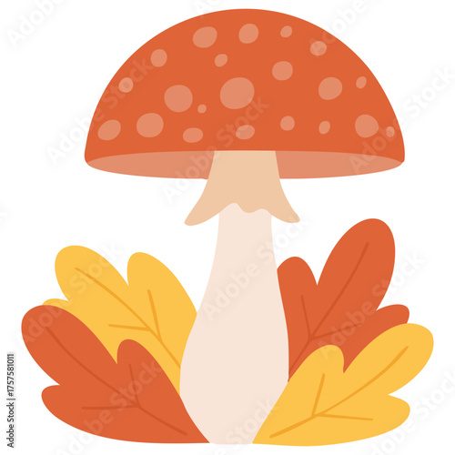 Simple mushroom and autumn leaves flat isolated vector illustration on white background