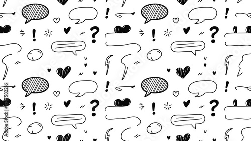 A seamless pattern of hand drawn speech bubbles hearts question marks and exclamation points on white on transparent background silhouette