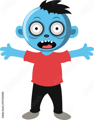 Cute cartoon zombie boy with blue skin and red shirt.