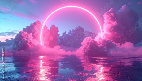 A vibrant neon pink ring glows above reflective water and fluffy clouds.