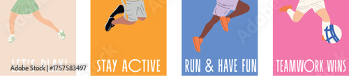 Square sport poster set with running legs. Stylish, dynamic composition ideal for kids’ products, social media, printables, or sports branding.