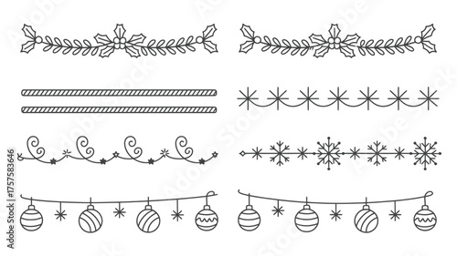 Various christmas themed line art borders with holly leaves snowflakes stars and ornaments on a white background on transparent background silhouette