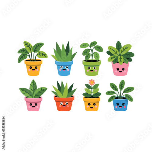 Cute kawaii potted houseplants with happy faces adorable botanical decor collection