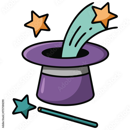 magician top hat trick doodle isolated vector illustration on white background