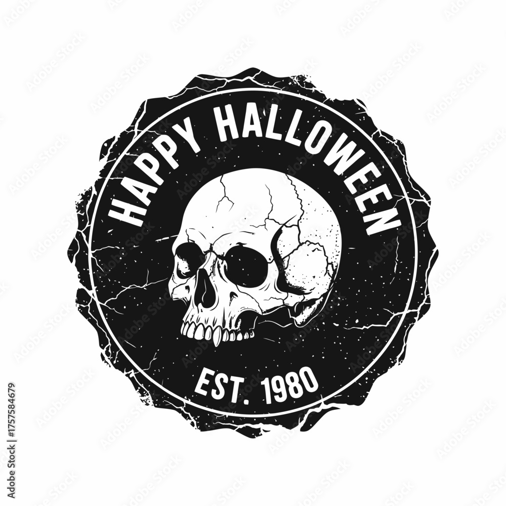 Fototapeta premium Spooky Happy Halloween skull emblem for t-shirts and more, vintage style design with grunge texture, perfect for holiday celebrations