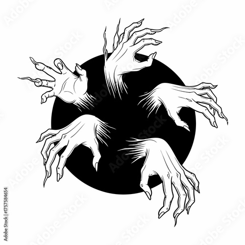 Eerie hands reaching from darkness, Halloween horror concept art, spooky fingers graphic for posters and social media, creepy vector design