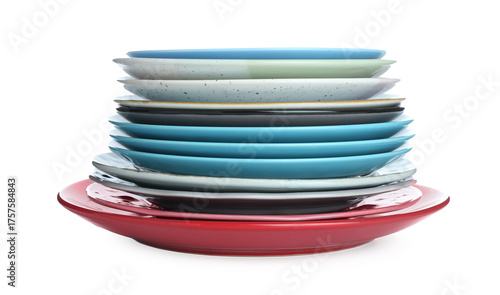 Stack of colorful ceramic plates isolated on white