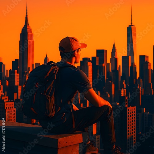 Contemplative Urban Gaze: Man Gazing Skyline at Sunset
