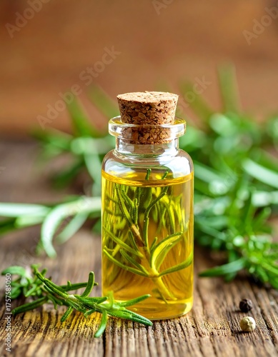 A glass bottle of liquid with herbs inside. Wooden surface background