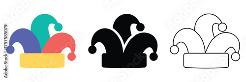 Jester Hat Vector Icon Set – Carnival, Comedy, and Entertainment Symbol in Flat, Line, and Solid Styles