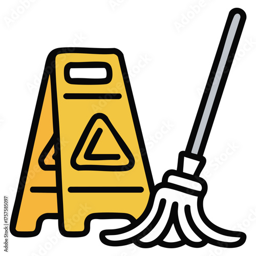 mop and caution floor sign cleaning concept isolated vector illustration on white background