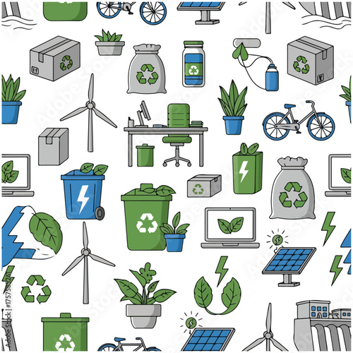 Eco-Friendly Seamless Pattern Recycling, Energy, Sustainability Graphics