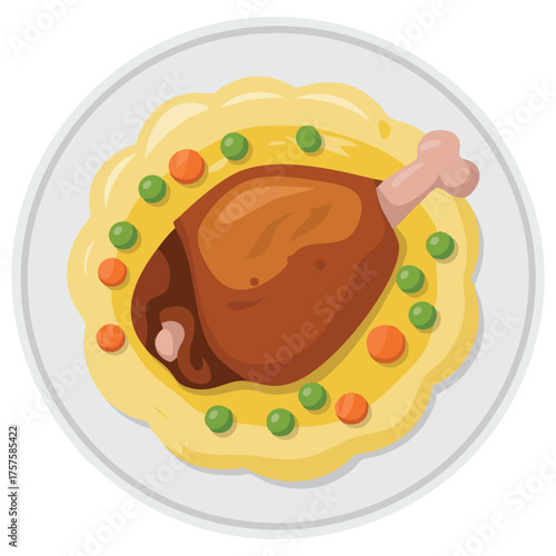 chicken thigh with mashed potatoes vegetables isolated vector illustration on white background