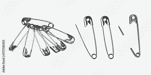 Safety pins that have been punctured with needles and opened and closed. attached to surface. Grunge punk dotted texture for collage design