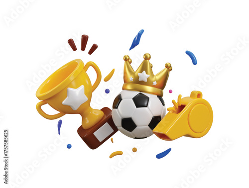 Champions Soccer ball rewards icon 3d render concept of Golden cup and winners stars with whistle icon on football vector illustration