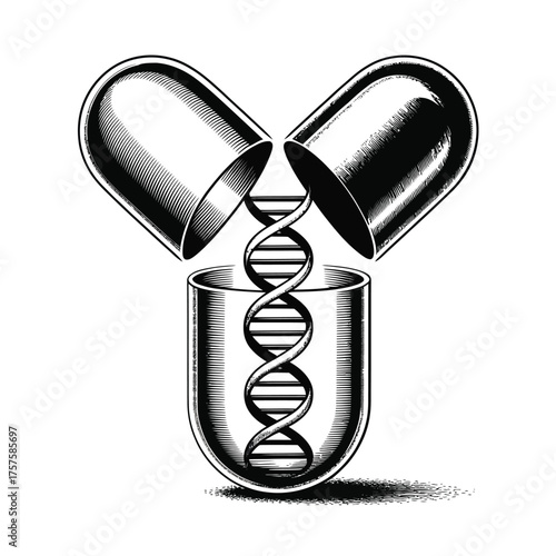 Dna helix emerging from an open capsule representing medicine and genetics