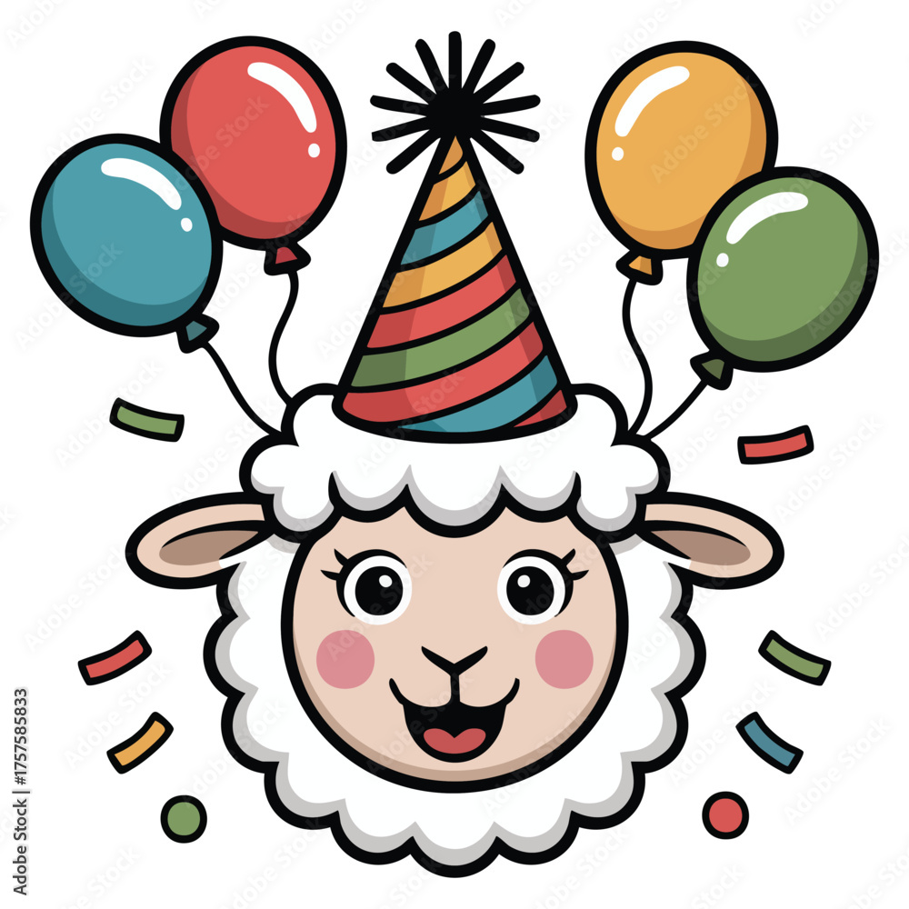 Naklejka premium Cute cartoon sheep wearing striped party hat festive birthday celebration vector