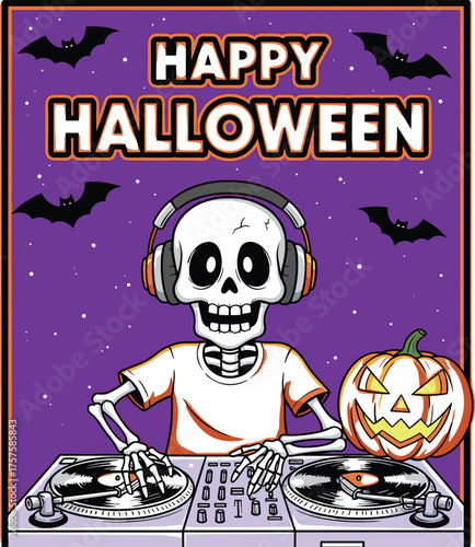 Funny cartoon skeleton with headphones playing music on a DJ console for a Halloween night party celebration