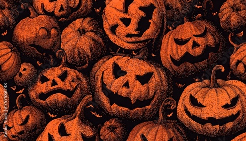 Halloween seamless pattern, creepy pumpkin lanterns with scary faces, holiday symbols, seamless texture
