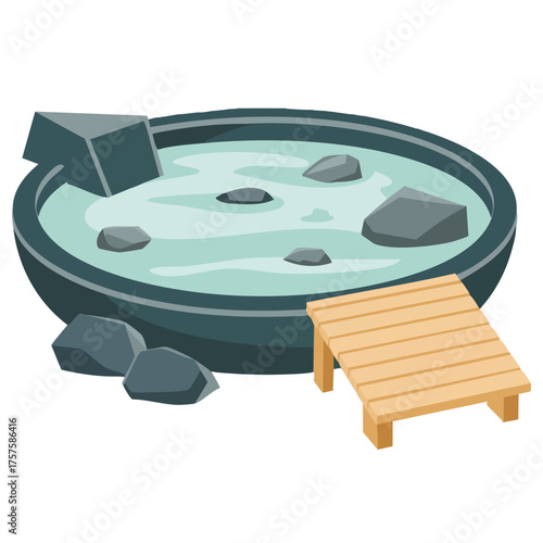 Traditional Japanese spa resort geothermal bath vector illustration
