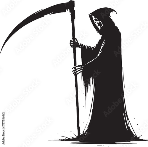 Vector art of grim reaper figure in a dark hooded robe holding a scythe