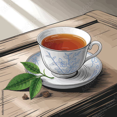 A delicate teacup filled with warm amber tea on a wooden surface