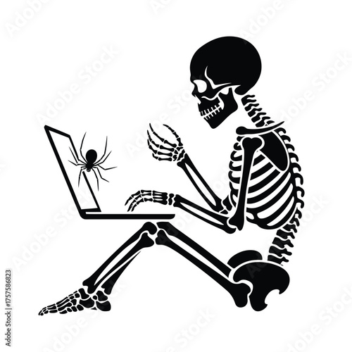 Skeleton using a laptop with a spider on the screen