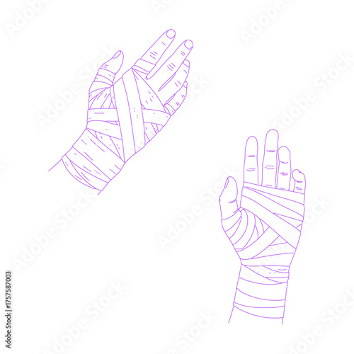Line art illustration of a bandaged hand