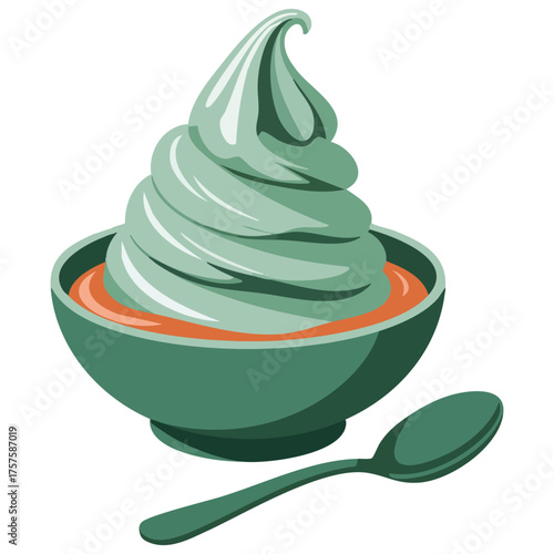 Green tea flavored ice cream served in ceramic dessert cup