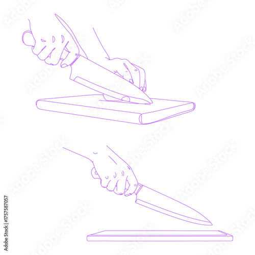 Line art illustration of a hand cutting with a kitchen knife