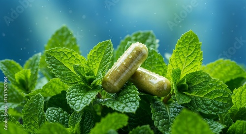 Green herbal supplement capsules on fresh mint leaves. Natural medicine and alternative health concept with morning dew droplets