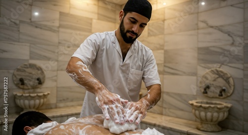 Therapist giving a traditional foam massage in a Turkish bath. Man receiving a relaxing body treatment in a hammam spa. Wellness and hygiene concept