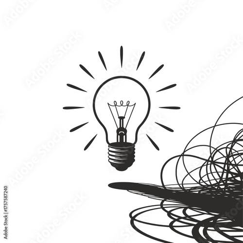 Light bulb illuminating a tangled mess of lines representing ideas