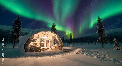 Cozy illuminated glass igloo under vibrant green aurora borealis in a snowy winter landscape