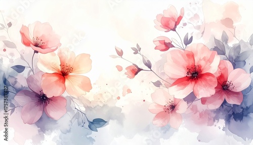 Graceful watercolor illustration of delicate pink and peach blossoms, complemented by soft blue-green foliage, creating a serene artistic floral design perfect for tranquil elegance