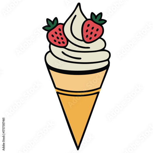 Strawberry ice cream in crispy waffle cone with nuts
