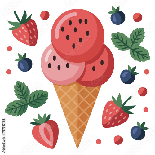 Ice cream cone with fresh strawberries and toppings