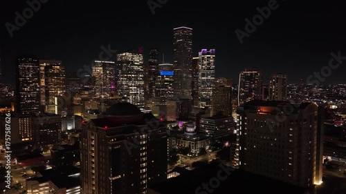 Beautiful Houston Texas skyline at night with a stunning aerial drone view 4K downtown