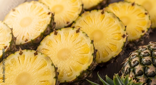 Close-up of Fresh Sliced Pineapple Rings on a Dark Wooden Table