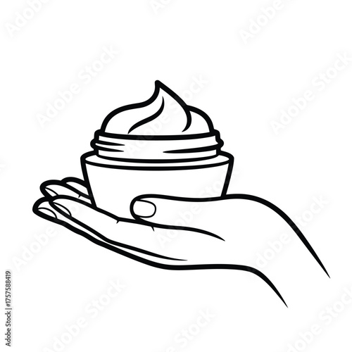 Hand holding a jar of cream or lotion with a swirl on top