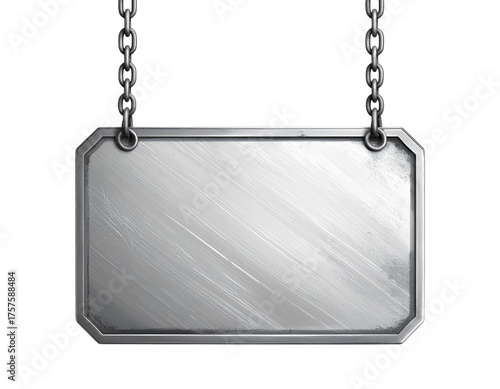 Rectangular silver metal plate suspended by a metal chain, isolated on a transparent background