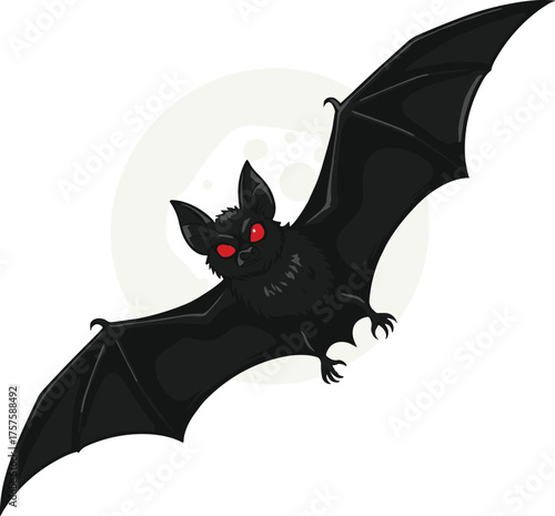 Flying bat silhouette, spooky Halloween vector, red-eyed creature illustration, eerie moon background, horror-themed design, nocturnal wildlife concept art