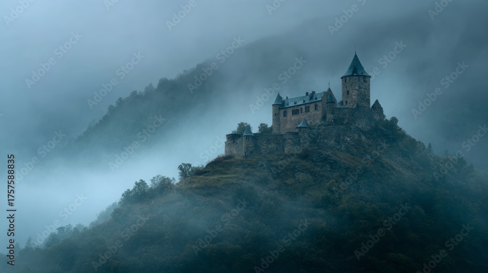 Naklejka premium ancient castle on a foggy hill