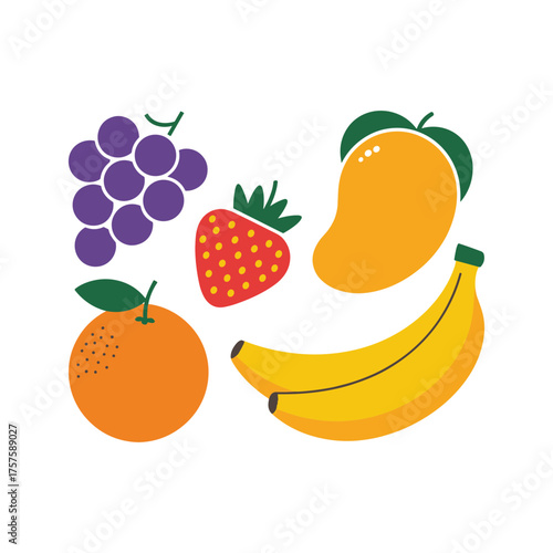 Colorful assortment of fresh fruits including grapes strawberry orange mango and bananas healthy food concept