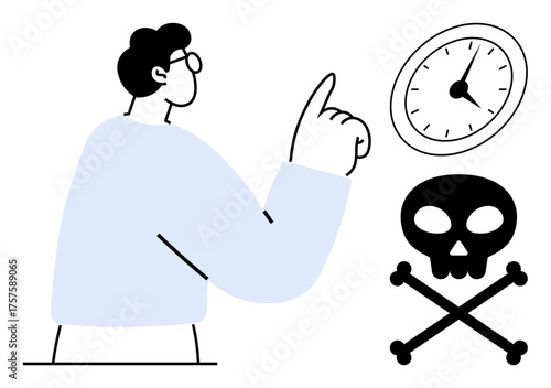Man pointing upward alongside clock and skull icons, emphasizing urgency, deadlines, decision making, risk management, time is life, awareness, and warning. Ideal for productivity caution