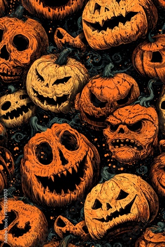 Halloween seamless pattern with creepy pumpkin lanterns and scary faces